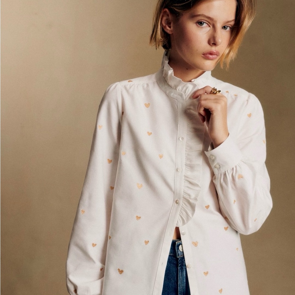 NWT Sezane Chlo Blouse with Gold Heart Embroidery size 32